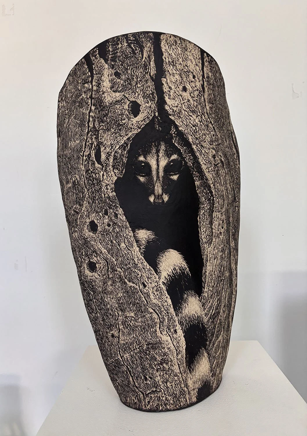 "Genet Vessel" by Margery Shore of Babes of Mud & Fire. Slab built, high fired Stoneware w/Sgraffito Decoration . Not for sale.
