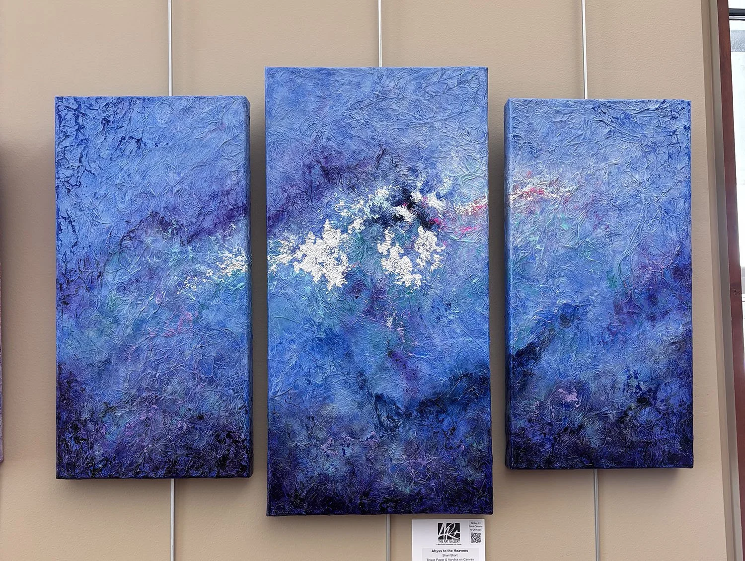Abyss to the Heavens,
Shari Short.
Tissue Paper & Acrylics on Canvas,
Triptych:  10” x 20”, 12” x 24”, & 10” x 20”,




$450 (for all three).
