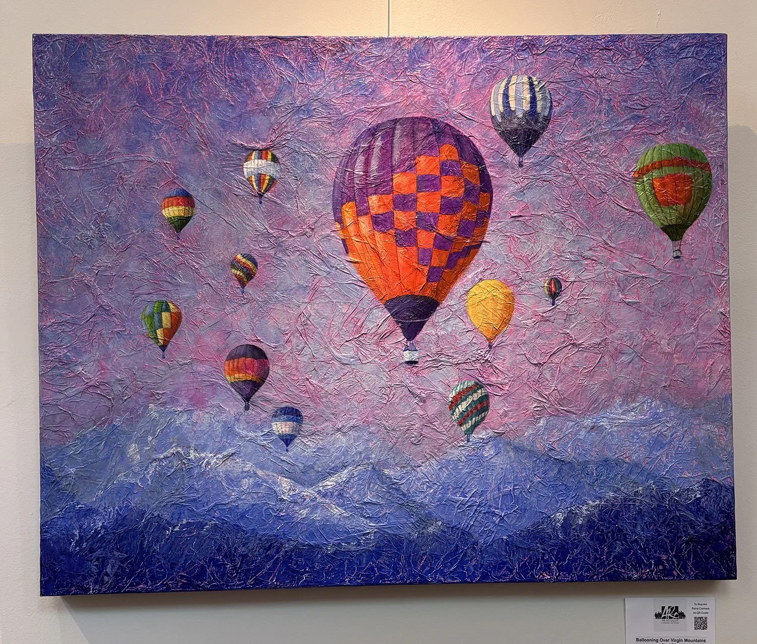 "Ballooning Over Virgin Mountains" by Shari Short.  Acrylics on tissue papered canvas,
30” x 24”.  $450.