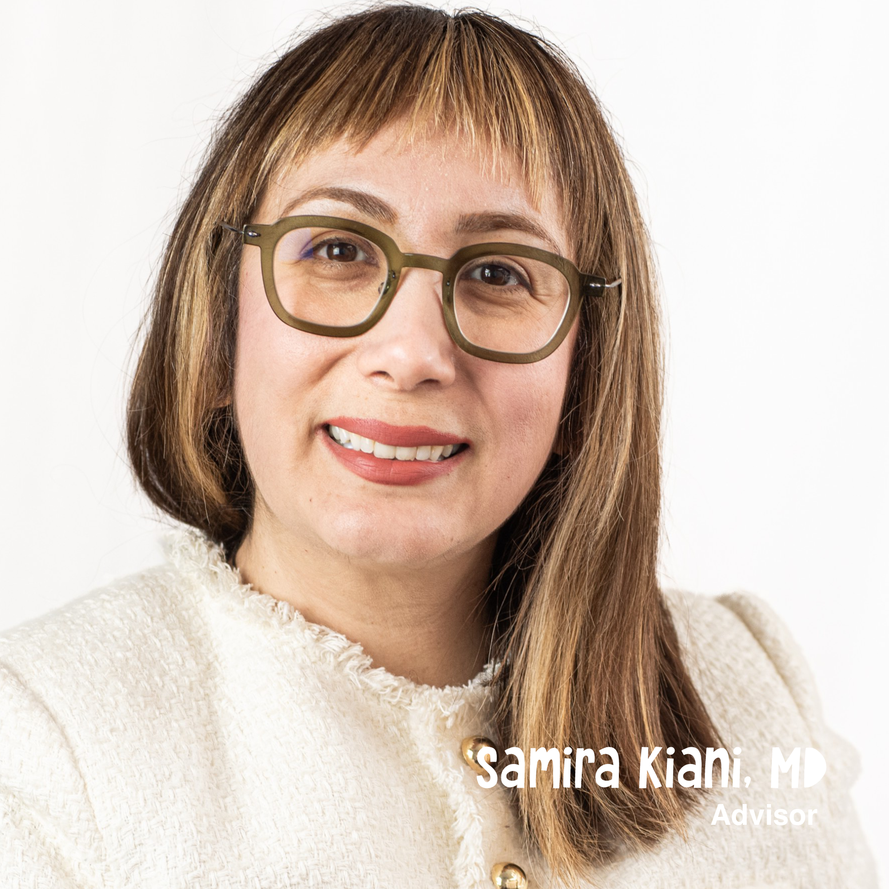 Headshot of a woman with shoulder-length brown hair, wearing glasses and a white textured blazer, smiling against a white background.