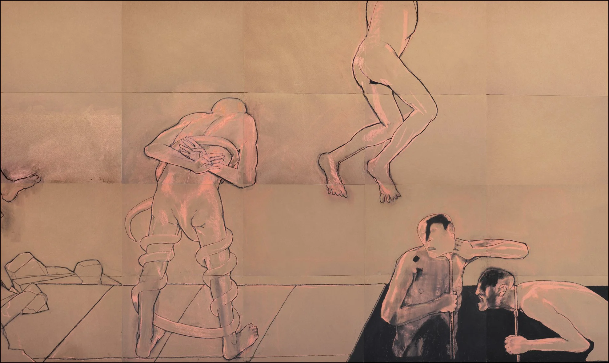 Pax Romana: Furies (Rome, 2026), 
red chalk, charcoal block, and compressed charcoal on 40 sheets of acid-free Kraft paper, 6 x 20 feet, completed  during a Visiting Artist residency at the American Academy in Rome, February 2026