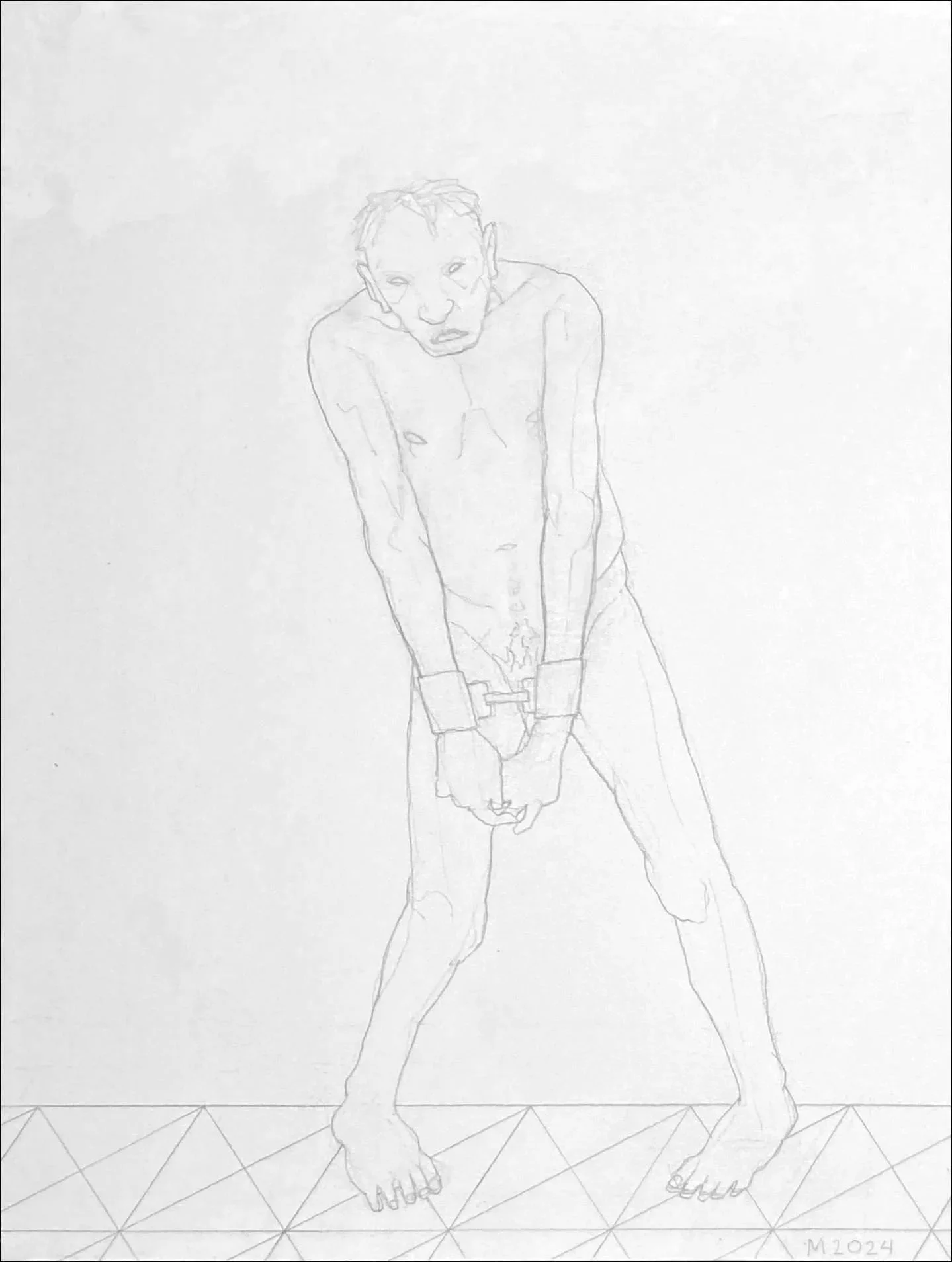 Pax Romana [shackle] (2024), mechanical pencil, Flashe on paper, 12 × 9 inches