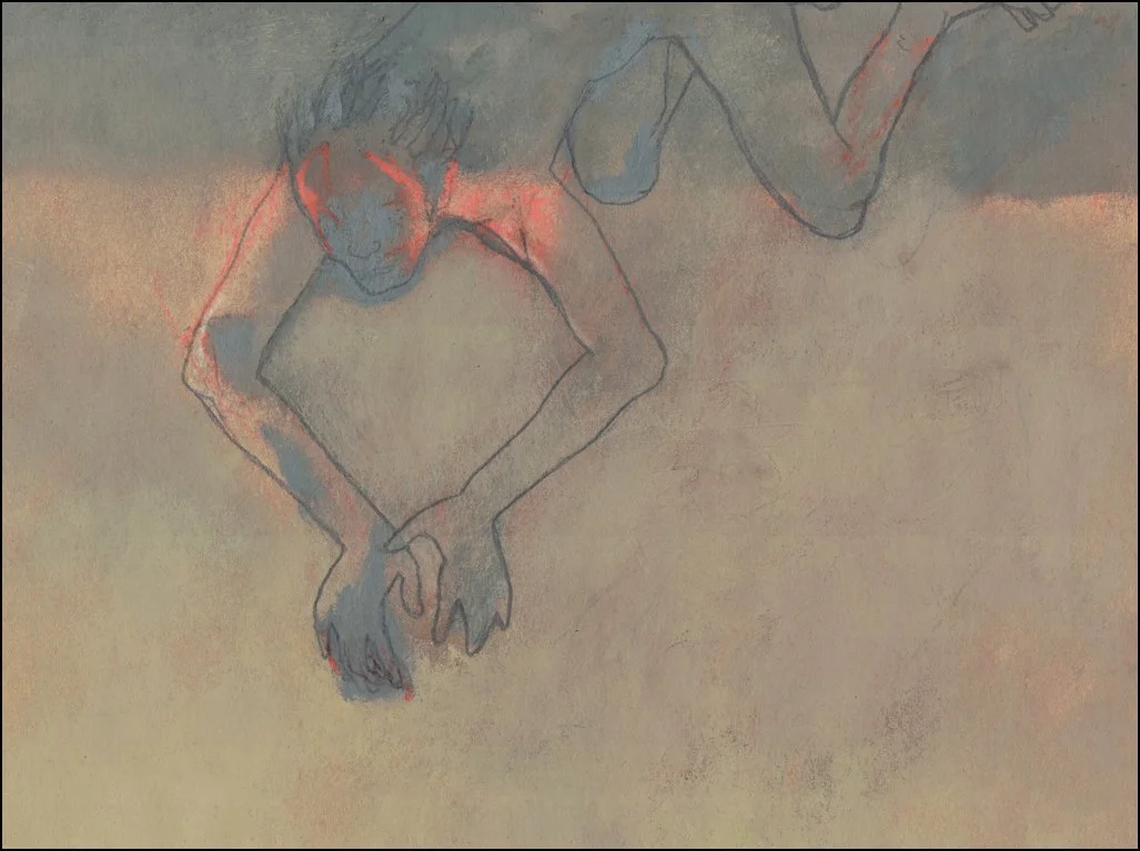 Furies [III-b] (2025), oil, graphite, and chalk on Kraft paper, 9 x 12 inches