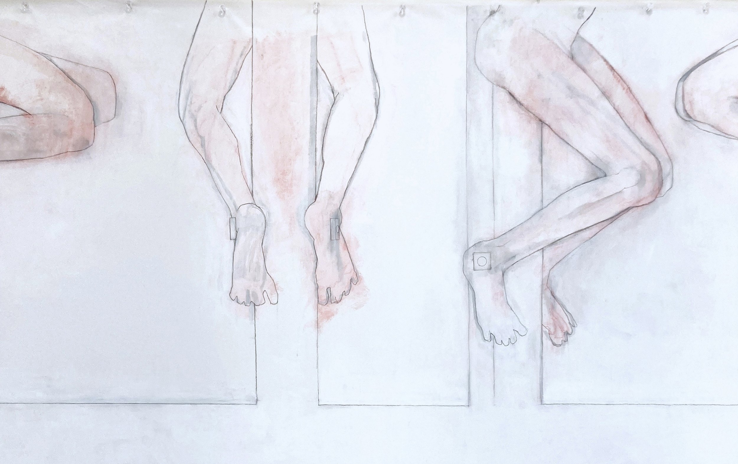 Pax Romana 1 [detail] (2025), Flashe, gesso, acrylic, chalk, and graphite on canvas, 82 × 197 inches