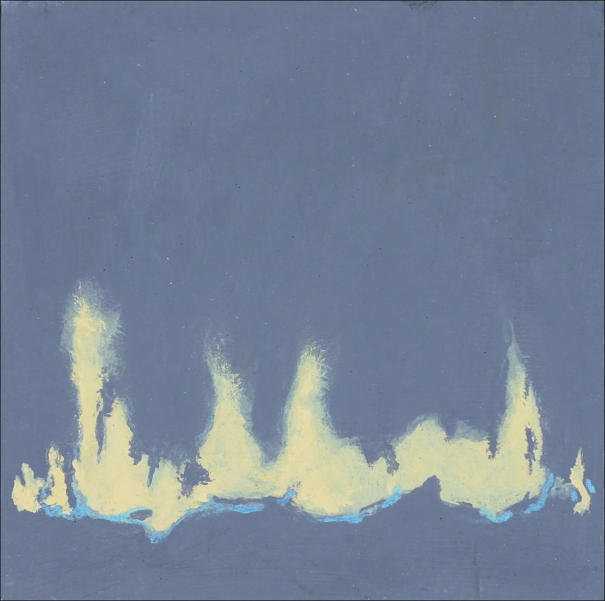 Flames (2025), Flashe and colored pencil on wood panel, 5 x 5 inches