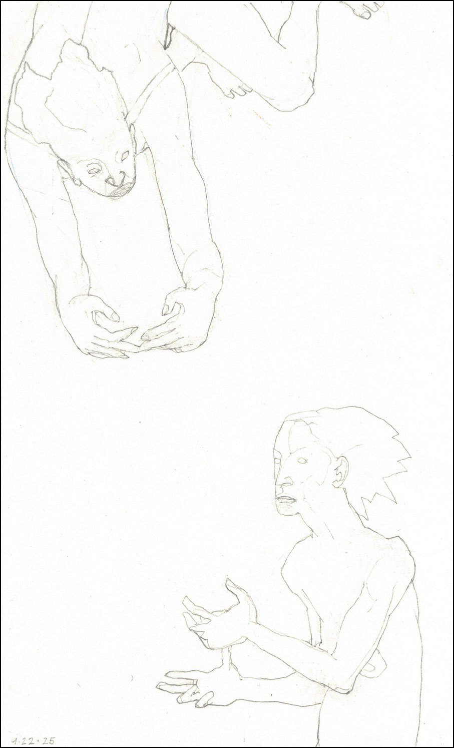Furies [IV-a] (2025), graphite and blue pencil on paper, 11 5/8 x 7 inches