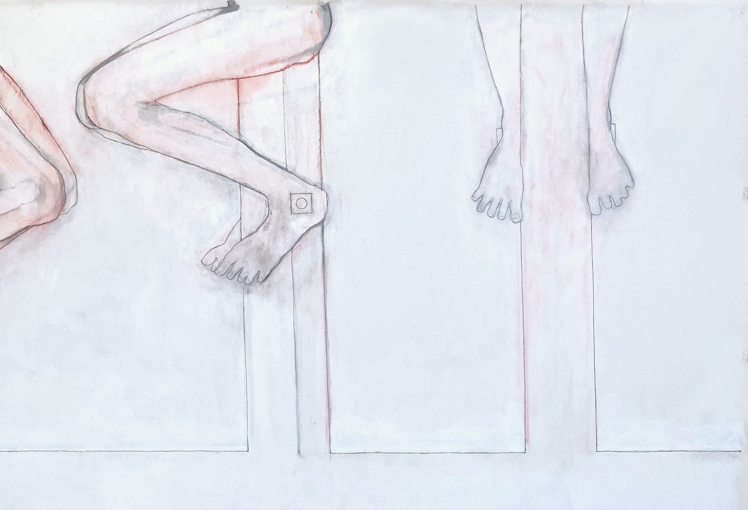 Pax Romana 1 [detail] (2025), Flashe, gesso, acrylic, chalk, and graphite on canvas, 82 × 197 inches