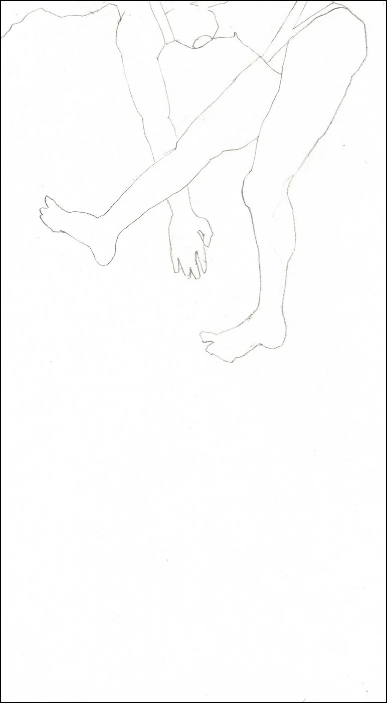 Furies [V-a] (2025), graphite and blue pencil on paper, 11 5/8 x 6 ½ inches