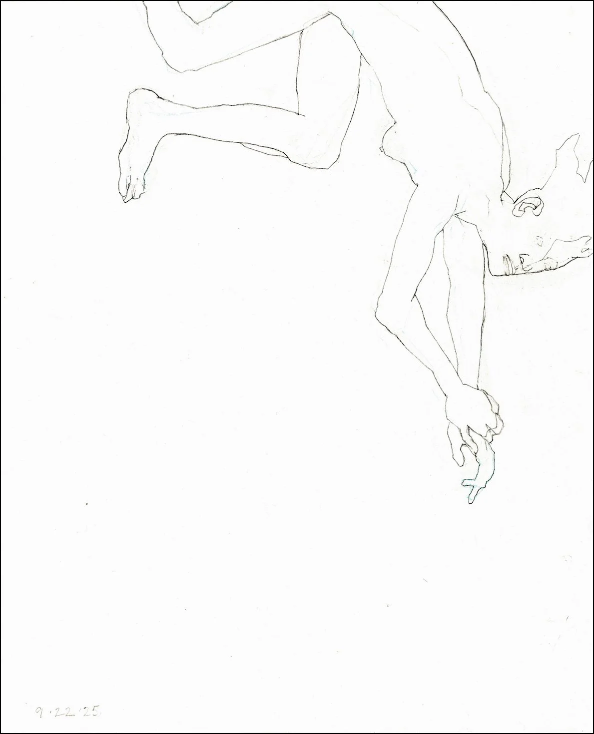 Furies [III-a] (2025), graphite and blue pencil on paper, 11 5/8 x 9 ½ inches