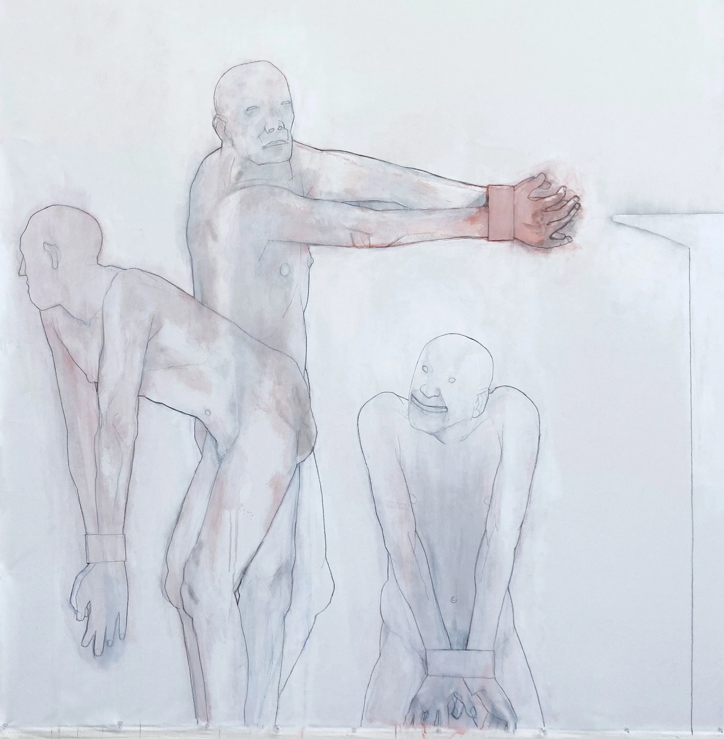 Pax Romana 1 [detail] (2025), Flashe, gesso, acrylic, chalk, and graphite on canvas, 82 × 197 inches