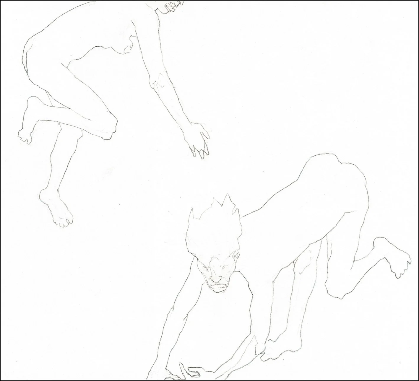Furies [II-a] (2025), graphite and blue pencil on paper, 11 5/8 x 12 7/8 inches