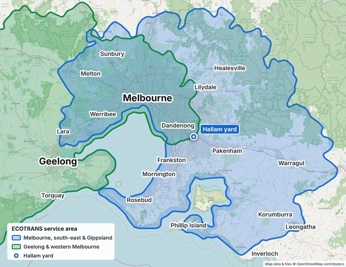 Ecotrans service area map: Melbourne, south-east, Gippsland, Geelong and western Melbourne