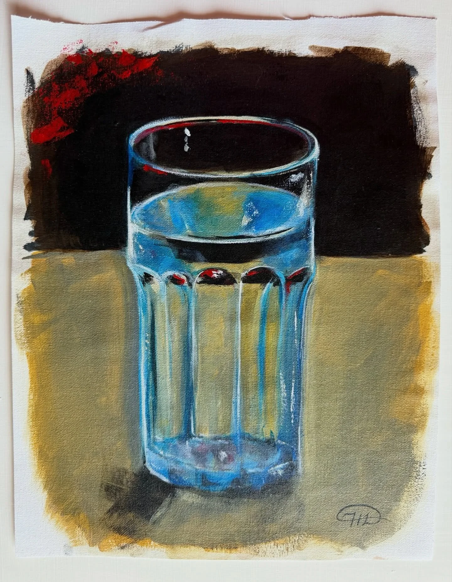 Here is a glass of water I was drinking that I set on my pine wood desk. The evening sun was casting into my room, and I loved the way the light reflected off the wood and through the water and made the blue tint in the glass  really glow.
My hydrati