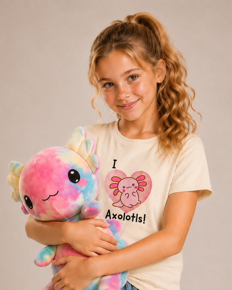 A young girl with curly blonde hair smiling and holding a colorful plush toy in the shape of a cute, pastel-colored creature. She wears a light-colored T-shirt with a cartoon character and the text "I Axolotl!"