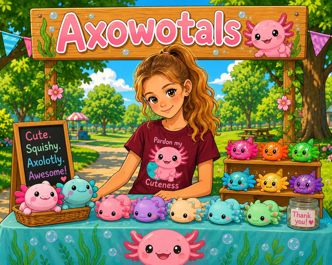 An illustrated girl at a stall selling colorful squishy toys shaped like cute little creatures at a park with trees and blue sky in the background.