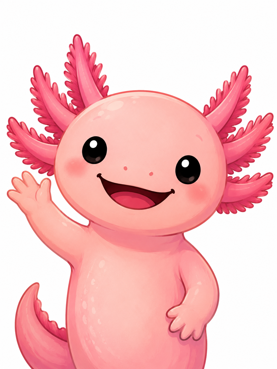 A cute cartoon pink creature with large black eyes, a big smile, waving hand, pink spiky hair, and a tail.