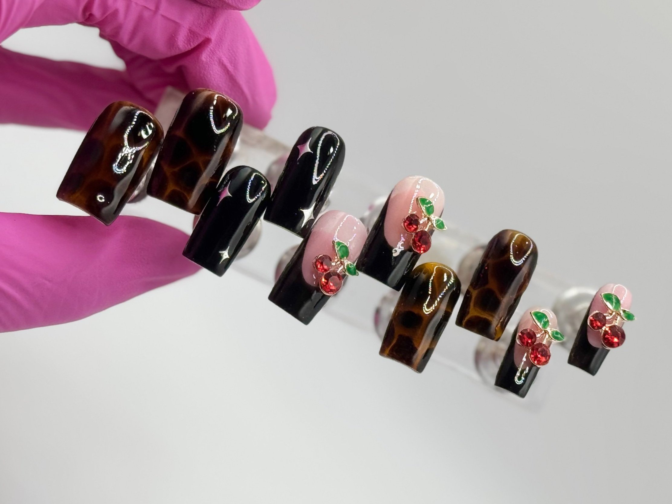 Cherry Tortoise Tips press-on nails, Marissa's Nail Room. Tortoise shell, cherry, black French design.
