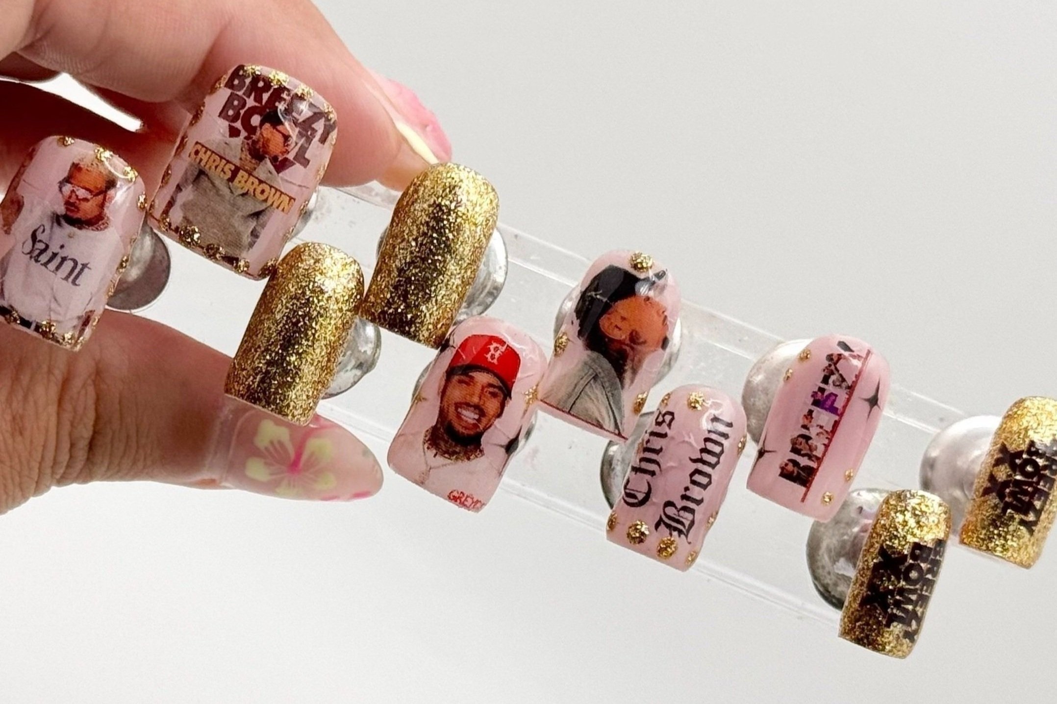 Chris Brown Breezy Tour inspired custom press-on nails front view, luxury handmade nail set for fans