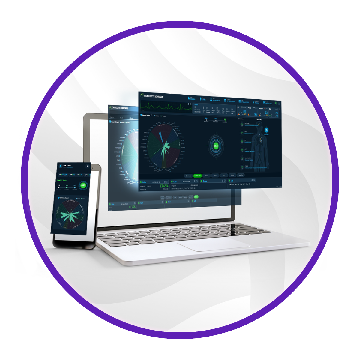 Circular image of a laptop and phone showing layers of the software in a white circle surrounded by a purple boarder