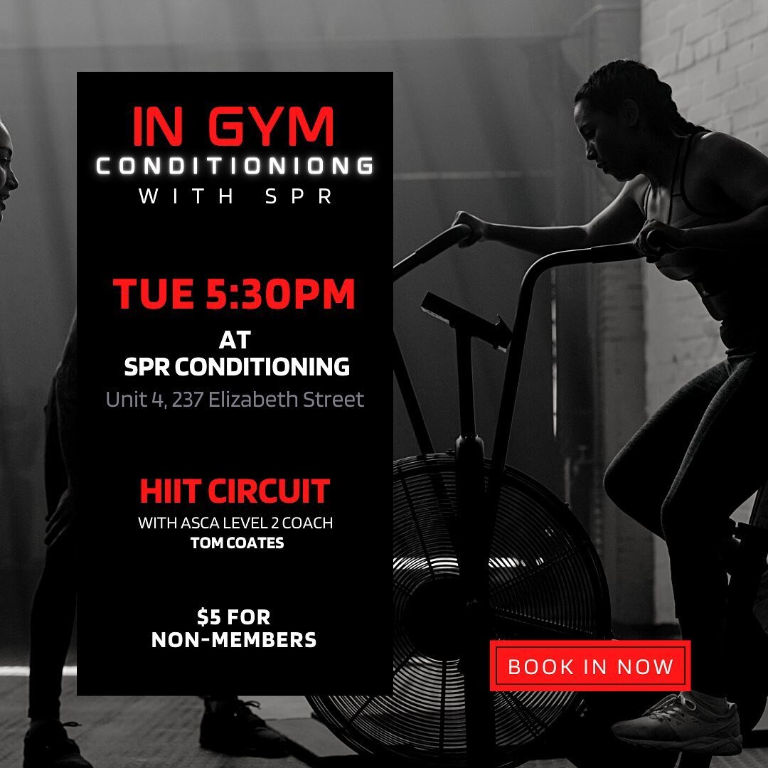 In gym conditioning session are going ahead on Tuesday nights at 5:30pm! 🔥
Come along and train with @thomas_coates_performance_ for a HIIT circuit based session.
$5 for non-members.