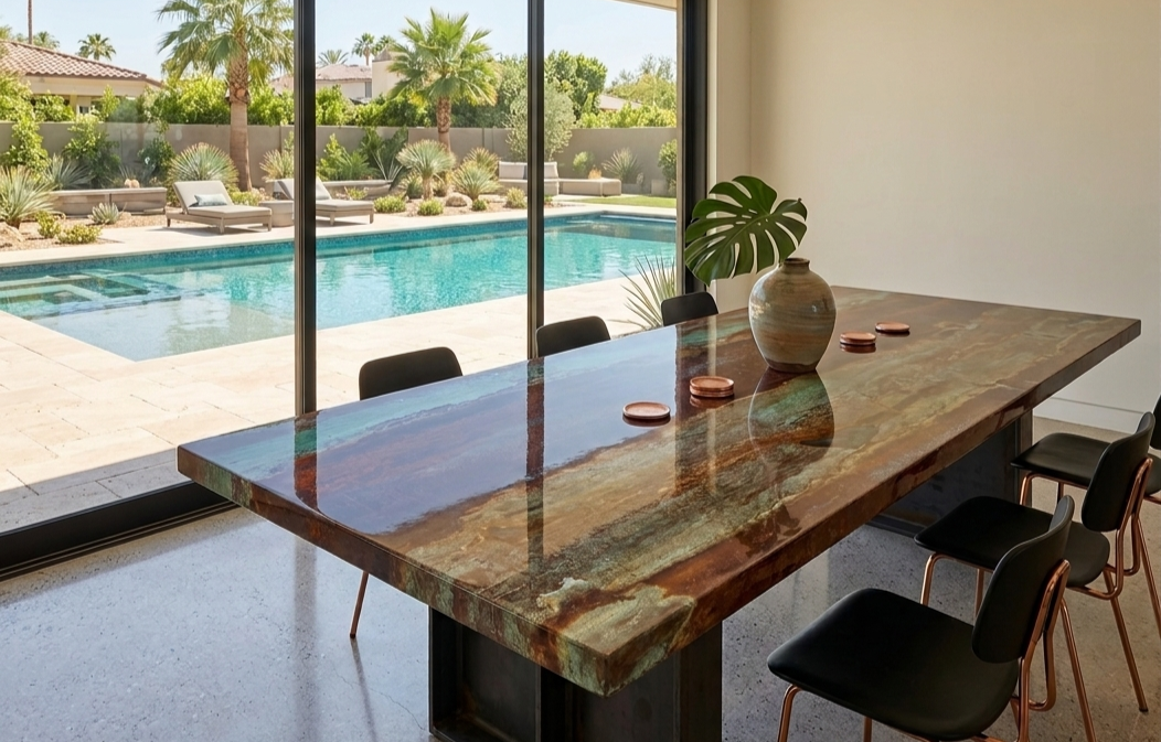 Modern dining room with a large metal rust table and black chairs, overlooking a backyard with a swimming pool, lounge chairs, and desert landscaping with palm trees.
