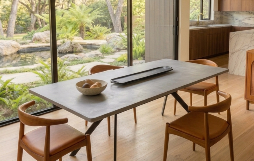 Modern dining table with three wooden chairs, bowl of eggs, tray, and large windows overlooking a garden with rocks and plants.