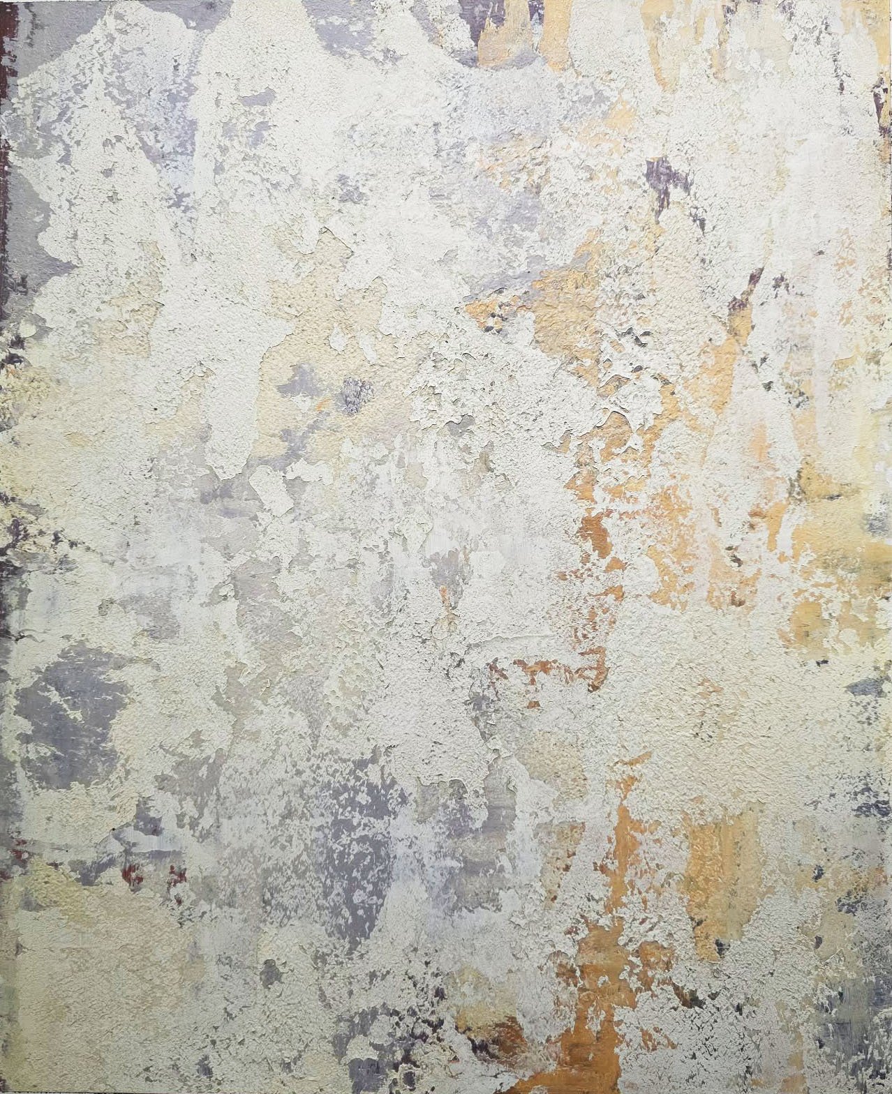 Close-up of artwith peeling paint and textured surface in shades of white, beige, gray, and hints of orange and purple.
