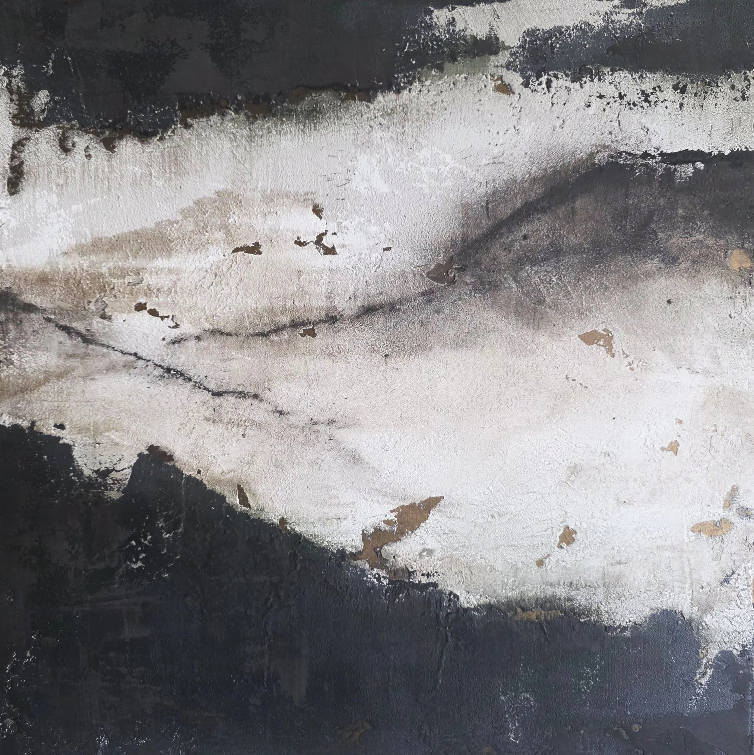 Textured, layered, artwork made with black, gray, white, and brass colors.