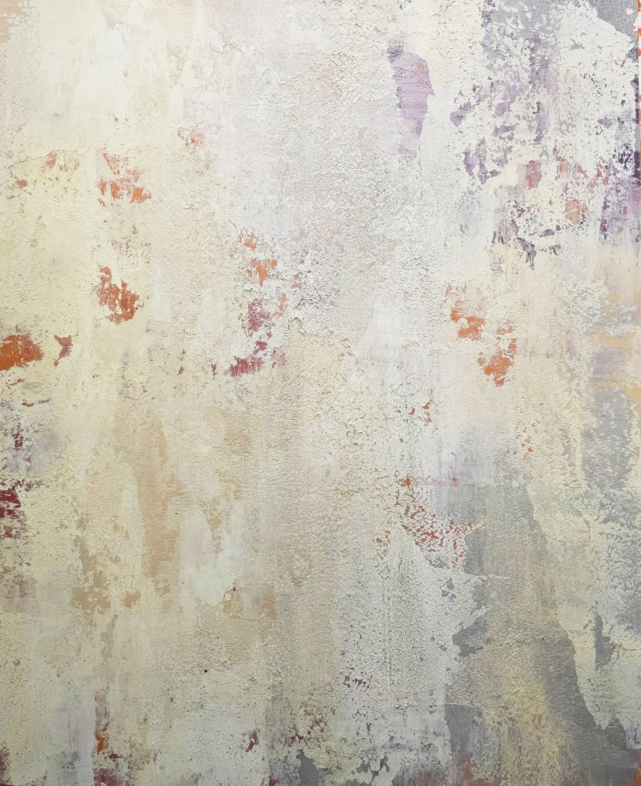 Abstract textured art with patches of white, beige, purple, and orange paint.