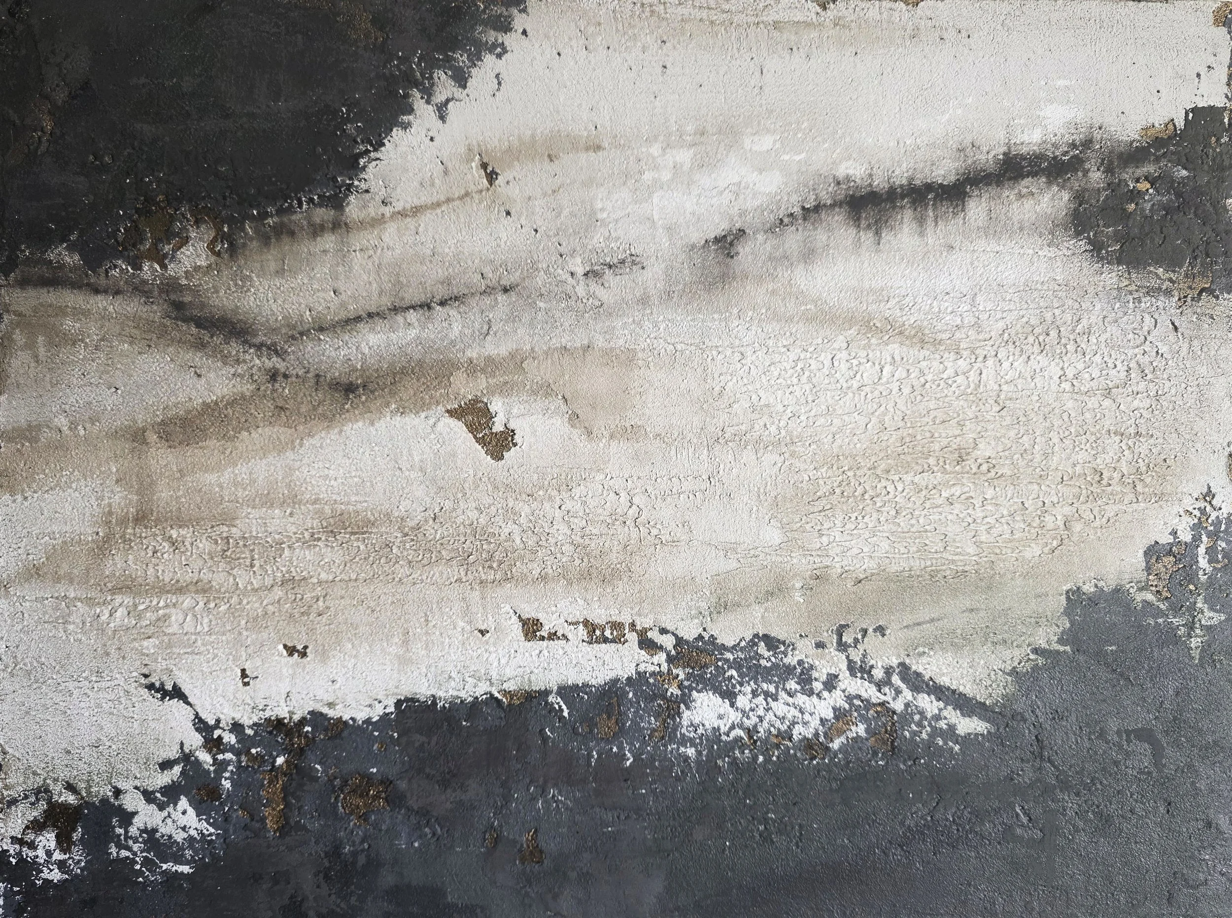 Textured, layered, artwork made with black, gray, white, and brass colors.