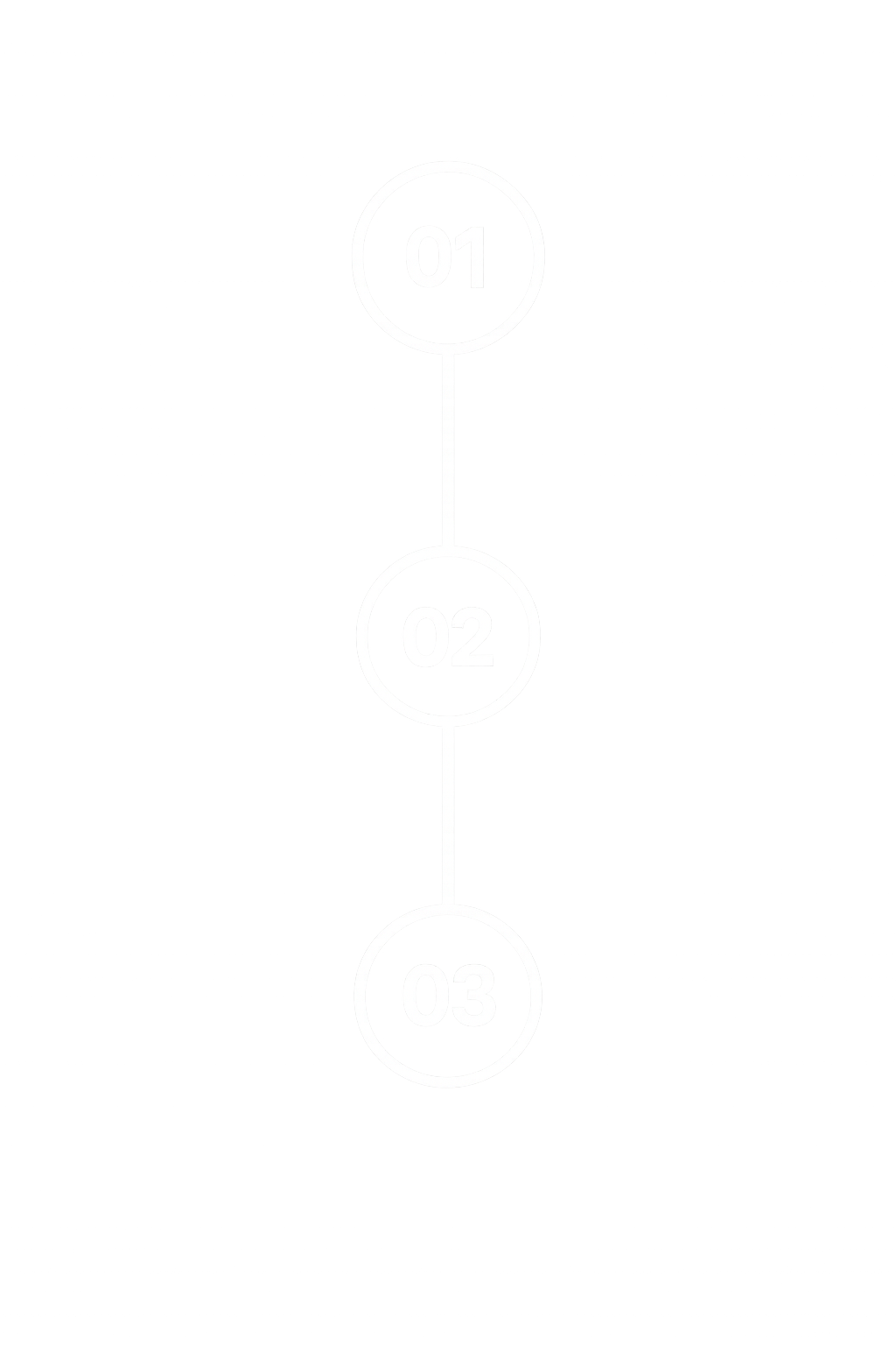 Vertical timeline with three numbered circles, labeled 01, 02, and 03, connected by lines on a black background.