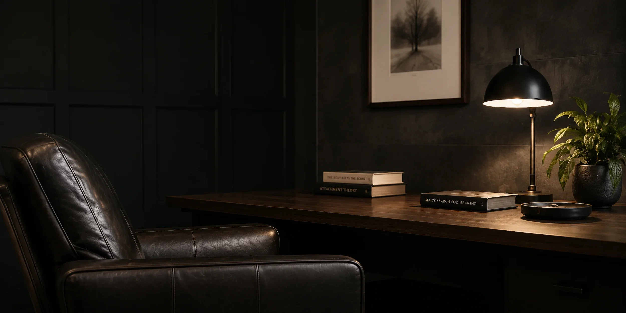 A dark-colored leather chair in front of a wooden desk with books, a potted plant, and a black desk lamp. There are framed pictures on the dark wall in the background.