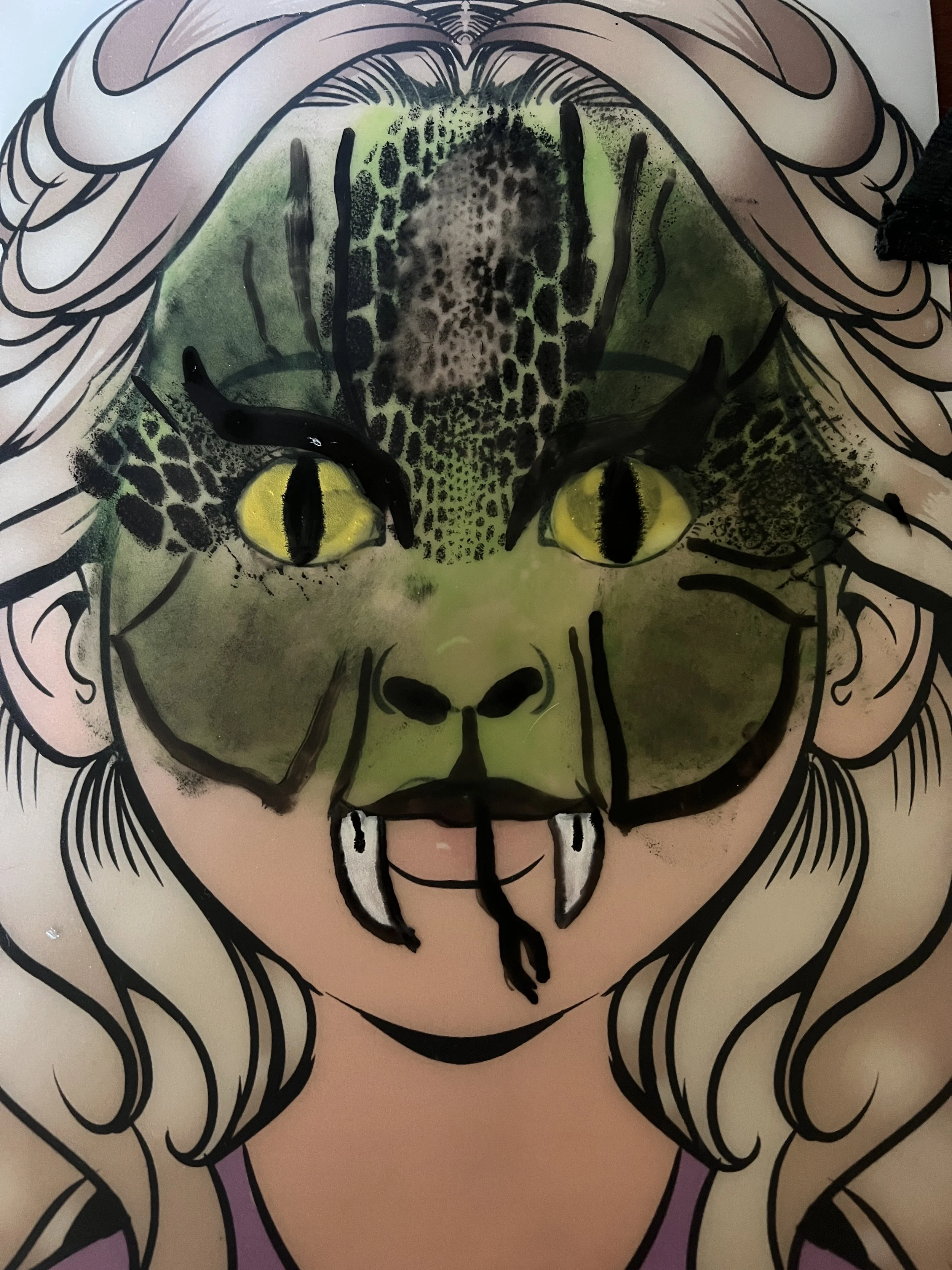 Illustration of a girl with long curly hair, with a green feline face mask featuring yellow eyes, black pupils, and detailed black markings that resemble a leopard or jaguar, covering her face.