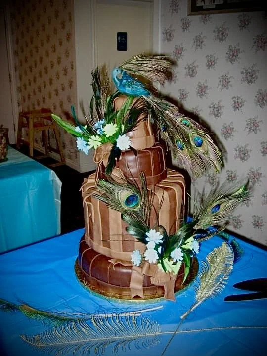 A multi-tiered chocolate cake decorated with peacock feathers, white flowers, and brown ribbons, placed on a blue tablecloth.
