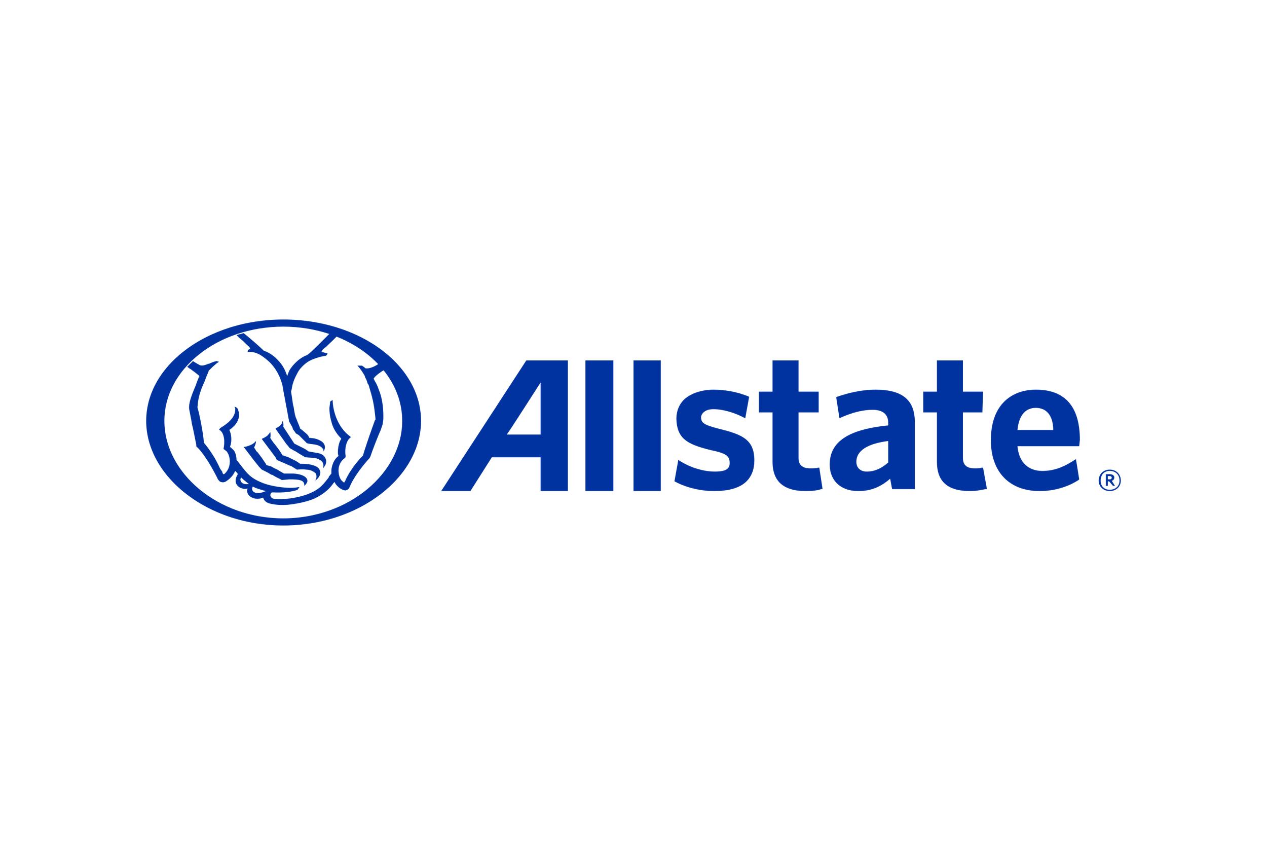 Allstate insurance logo with blue text and symbol of two hands within a circle.