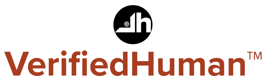Verified Human logo with black background and white and brown text