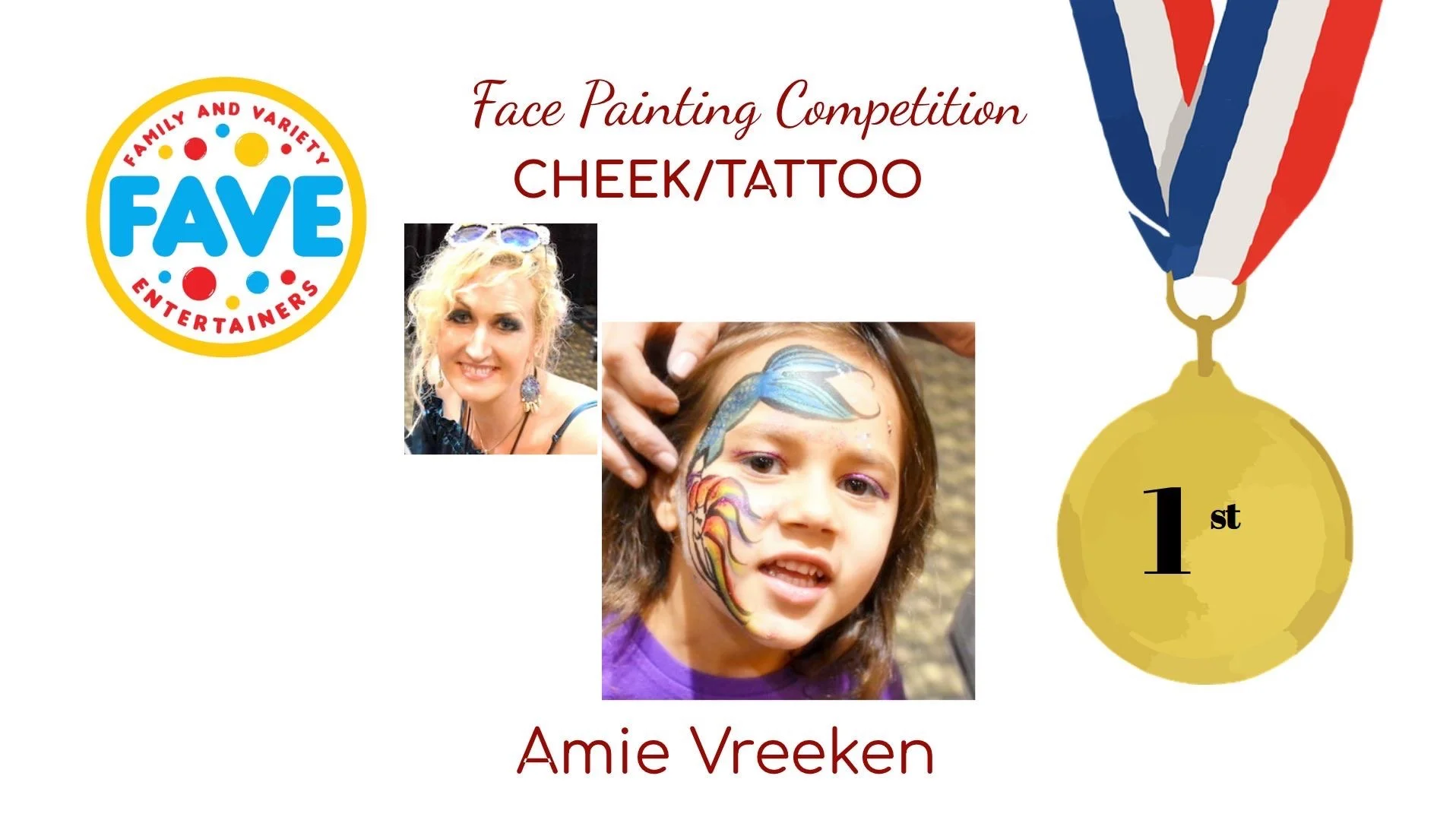 Certificate for first place in a face painting competition, featuring children's face art and a medal with a ribbon.