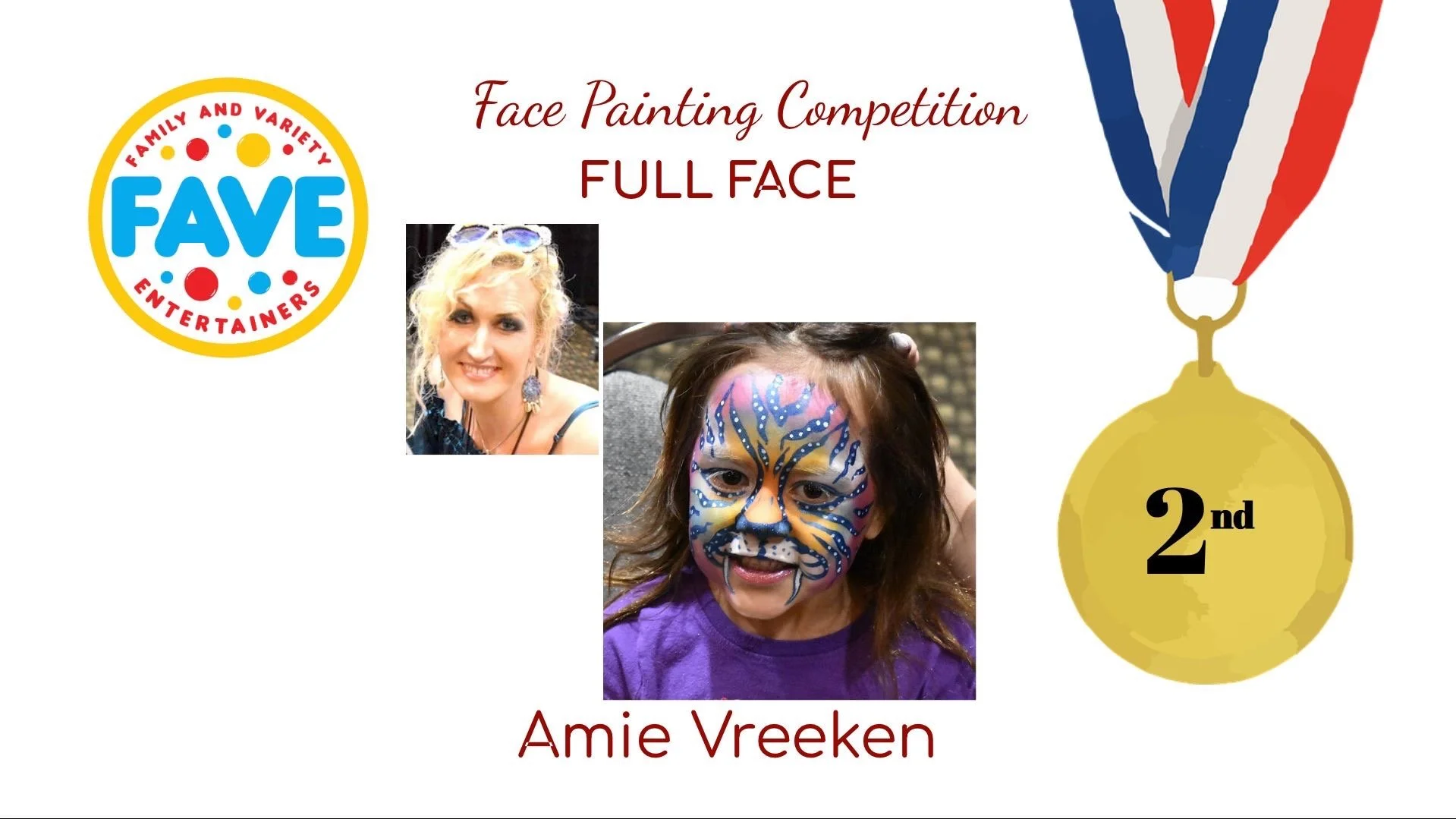Certificate for second place in a face painting competition showing a full face painting of a colorful tiger on a girl, featuring her smiling face, and a small photo of a blonde woman at the top left. The certificate includes a logo with the words "F