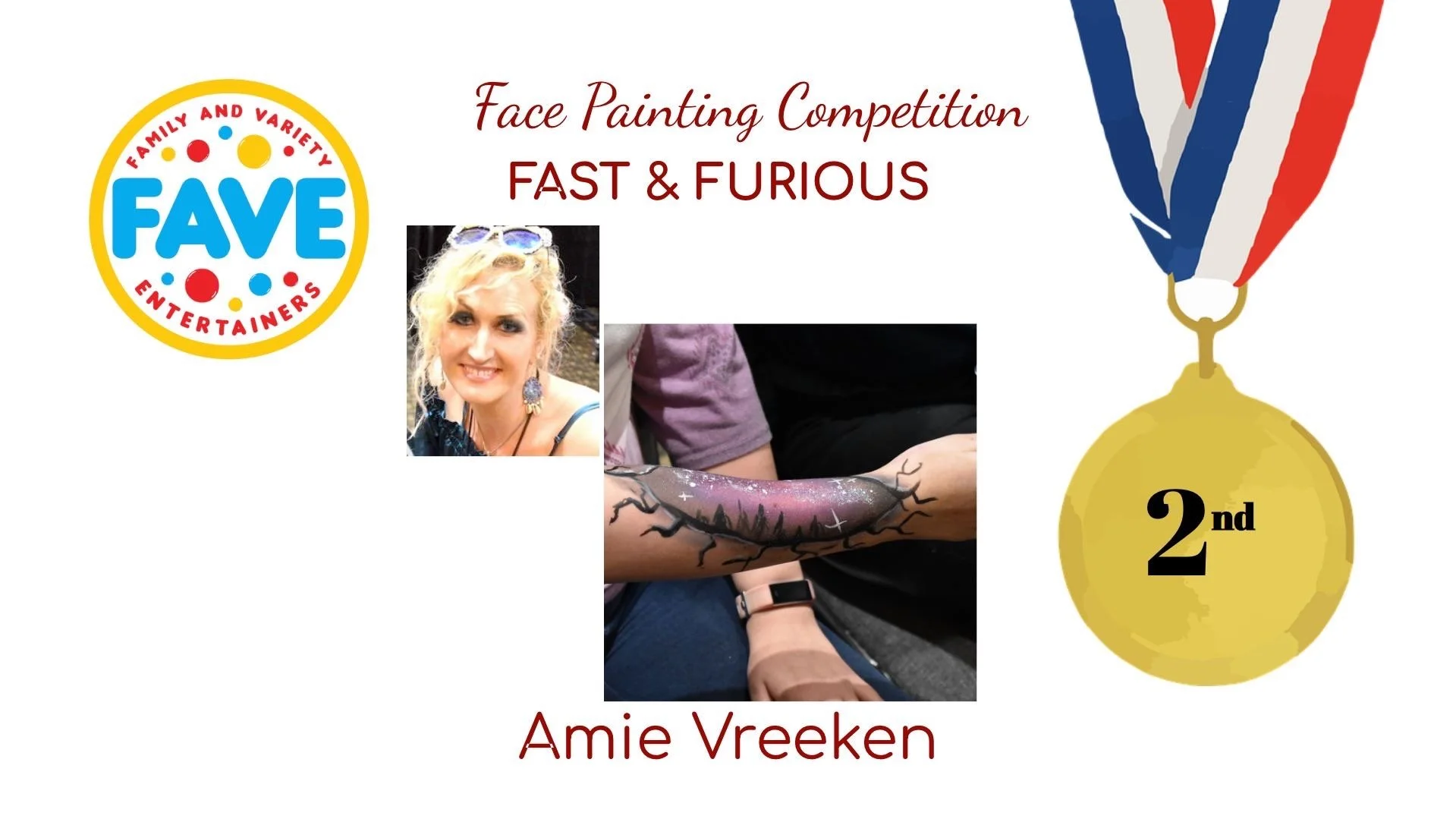 Face painting competition award announcement with the winner, Amie Vreeken, second place, featuring her face painting and a medal with a red, white, and blue ribbon.