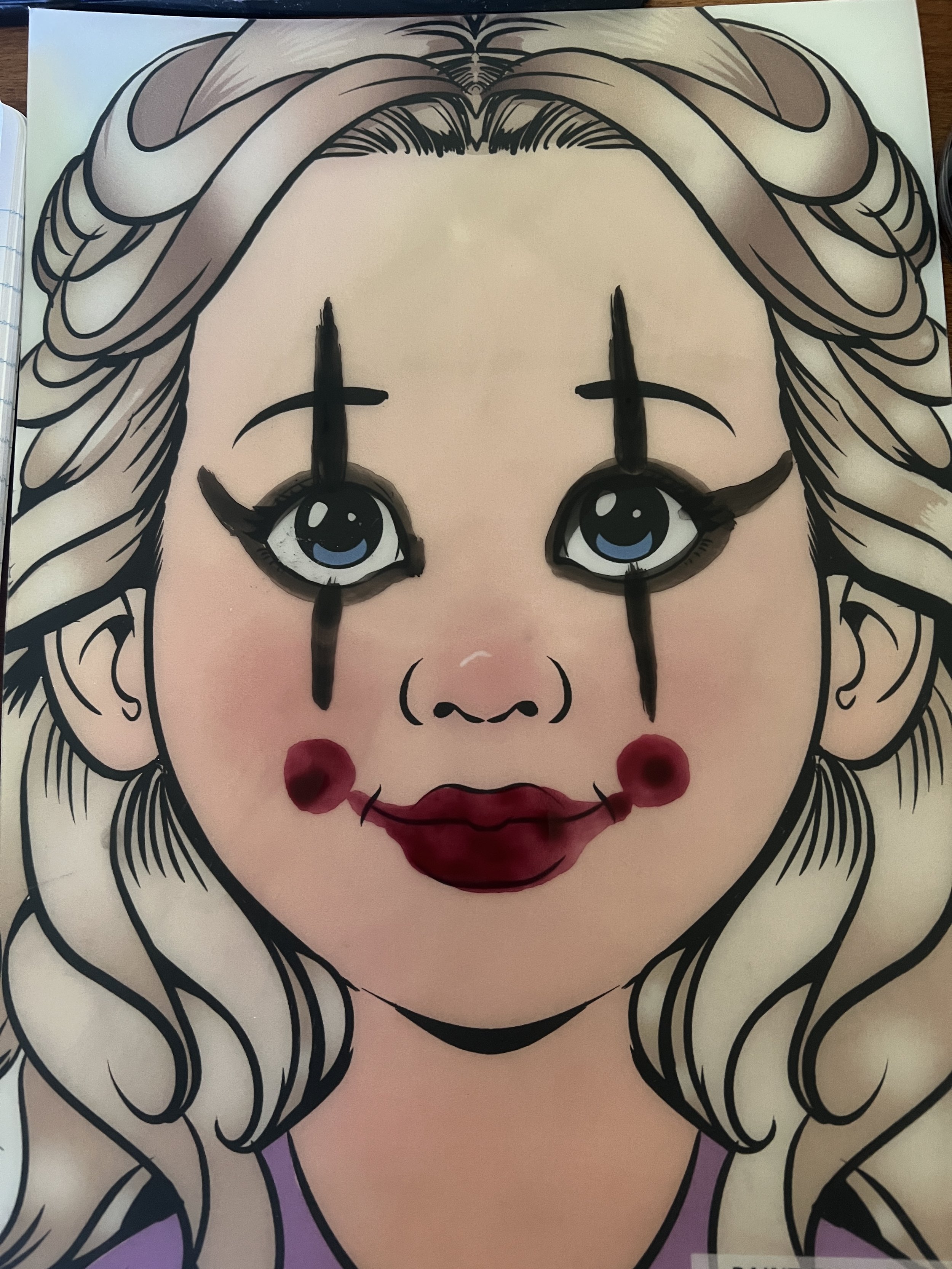 A cartoon illustration of a child's face with clown makeup, including exaggerated lipstick, blush, black tears, and makeup around the eyes, with wavy blonde hair.