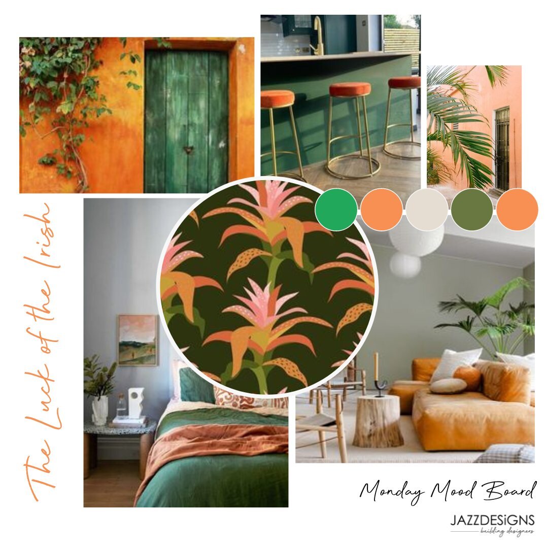 We're feeling a little lucky this week! How about you? This weeks Monday Mood Board is inspired by Saint Patricks Day. Bright orange and bold green feature prominently.

#mmb #mondaymoodboard #jazzdesigns #GoodLuck #inspiration #orange #green #bold #