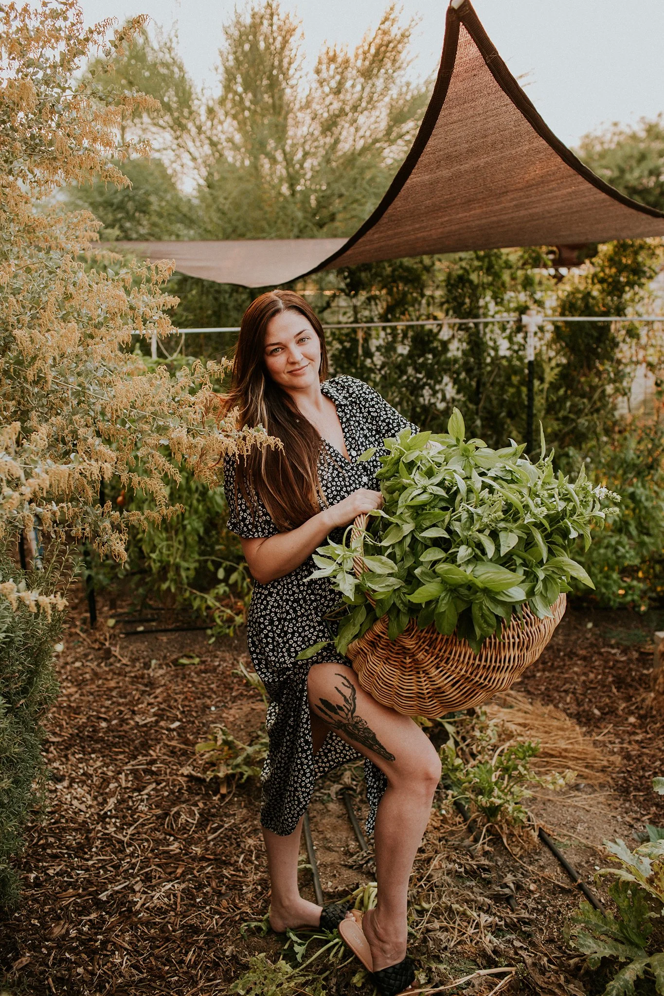 A woman with long brown hair, wearing a black floral dress, is standing in a garden holding a large basket filled with fresh green herbs, with a playful tattoo of a tree on her thigh. The garden is lush with various plants and trees, and a sunshade can be seen overhead.