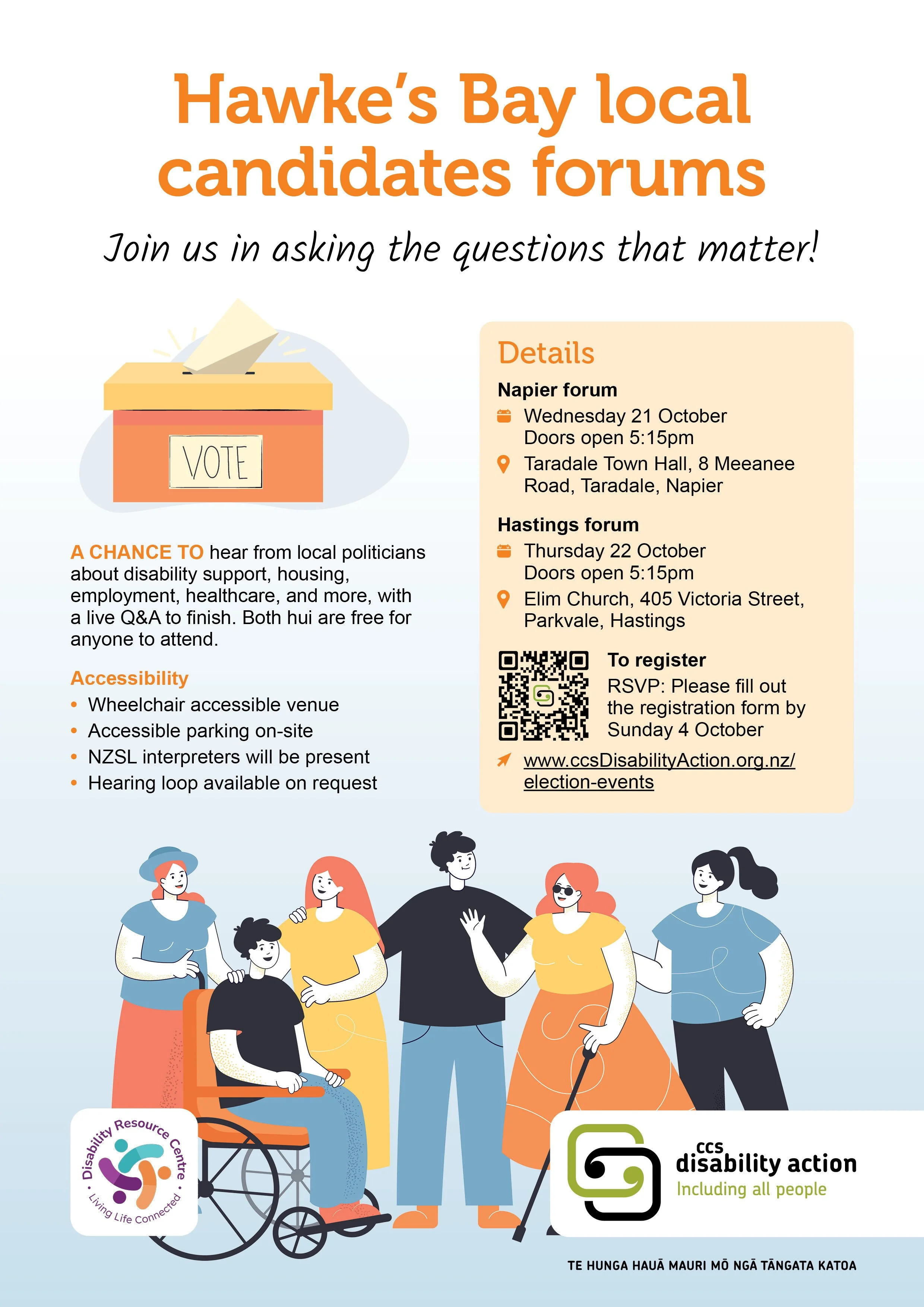 A chance to hear from local politicians about disability support, housing, employment, healthcare, and more, with a live Q&A to finish. Both hui are free for anyone to attend.
