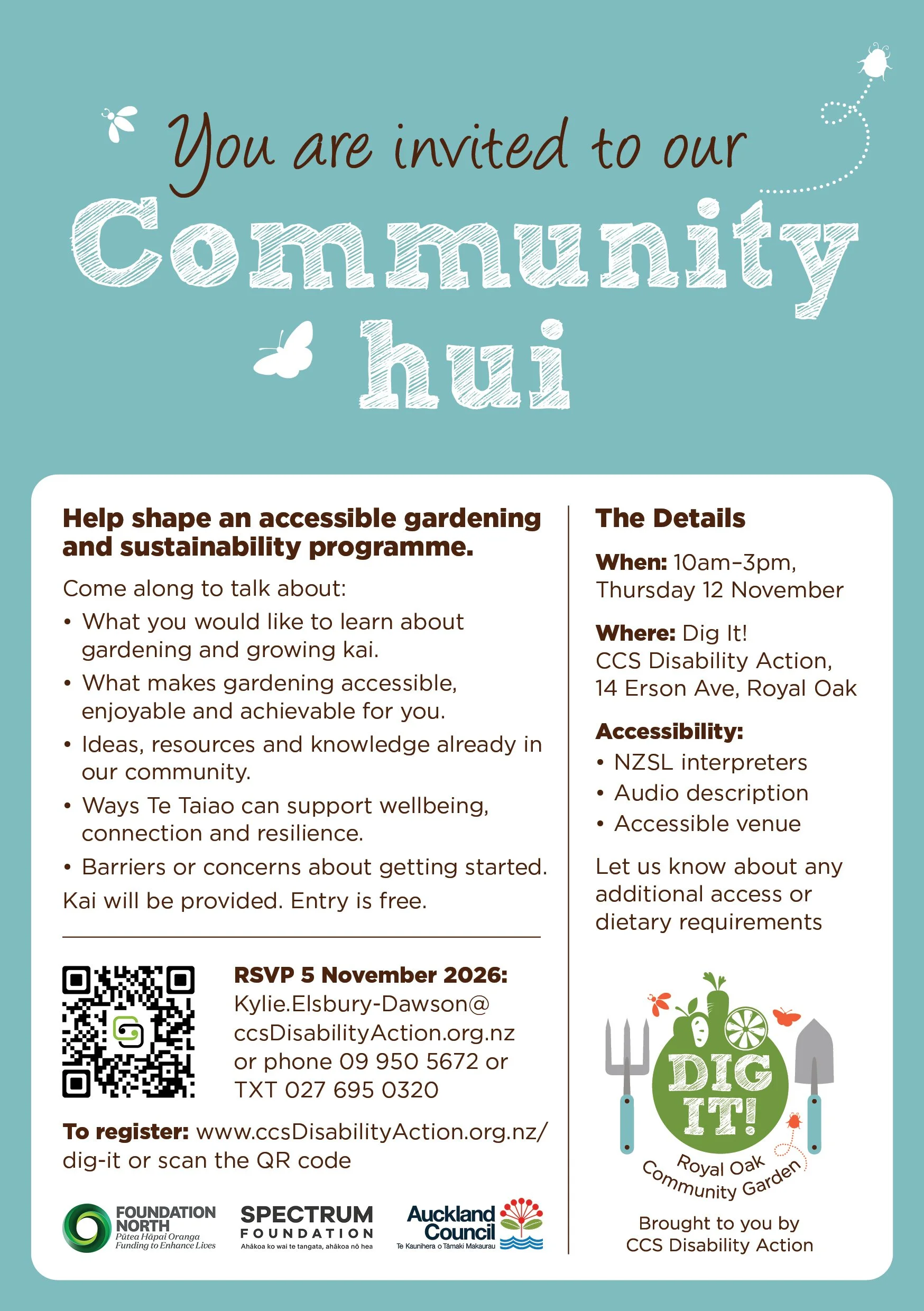 Dig It! Community hui flyer with white textbox on teal background and garden-themed illustrations.
