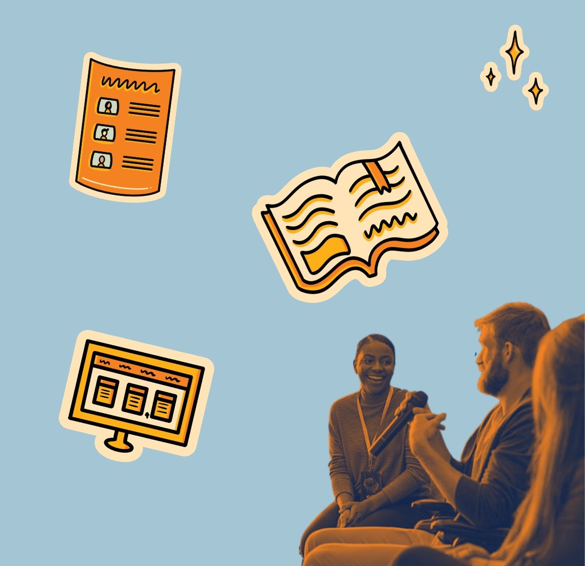 Illustrated graphic on a light blue background showing a group of people in conversation, alongside icons of a voter information sheet, an open book, and a computer screen displaying online resources.