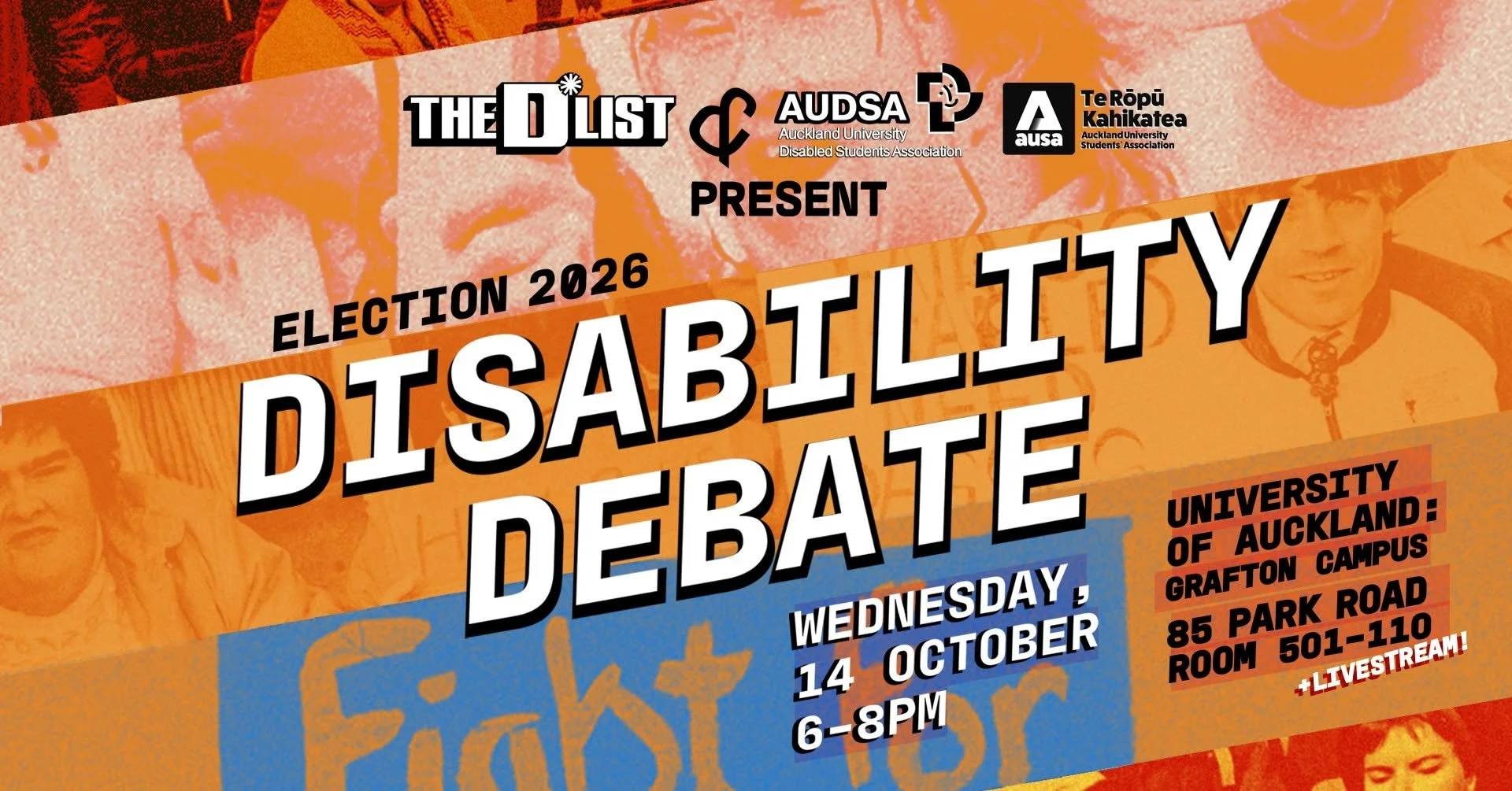 The words Election 2026 Disability Debate in all caps on a background of collaged photos of people with striped orange overlay.