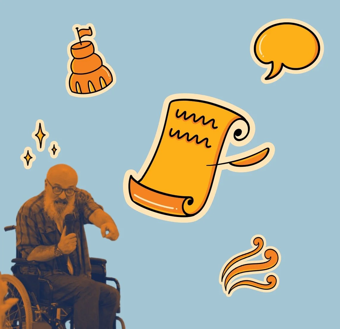 Illustrated graphic on a light blue background showing a man using a wheelchair pointing beside a large orange scroll, with speech bubble, flag and decorative icons.