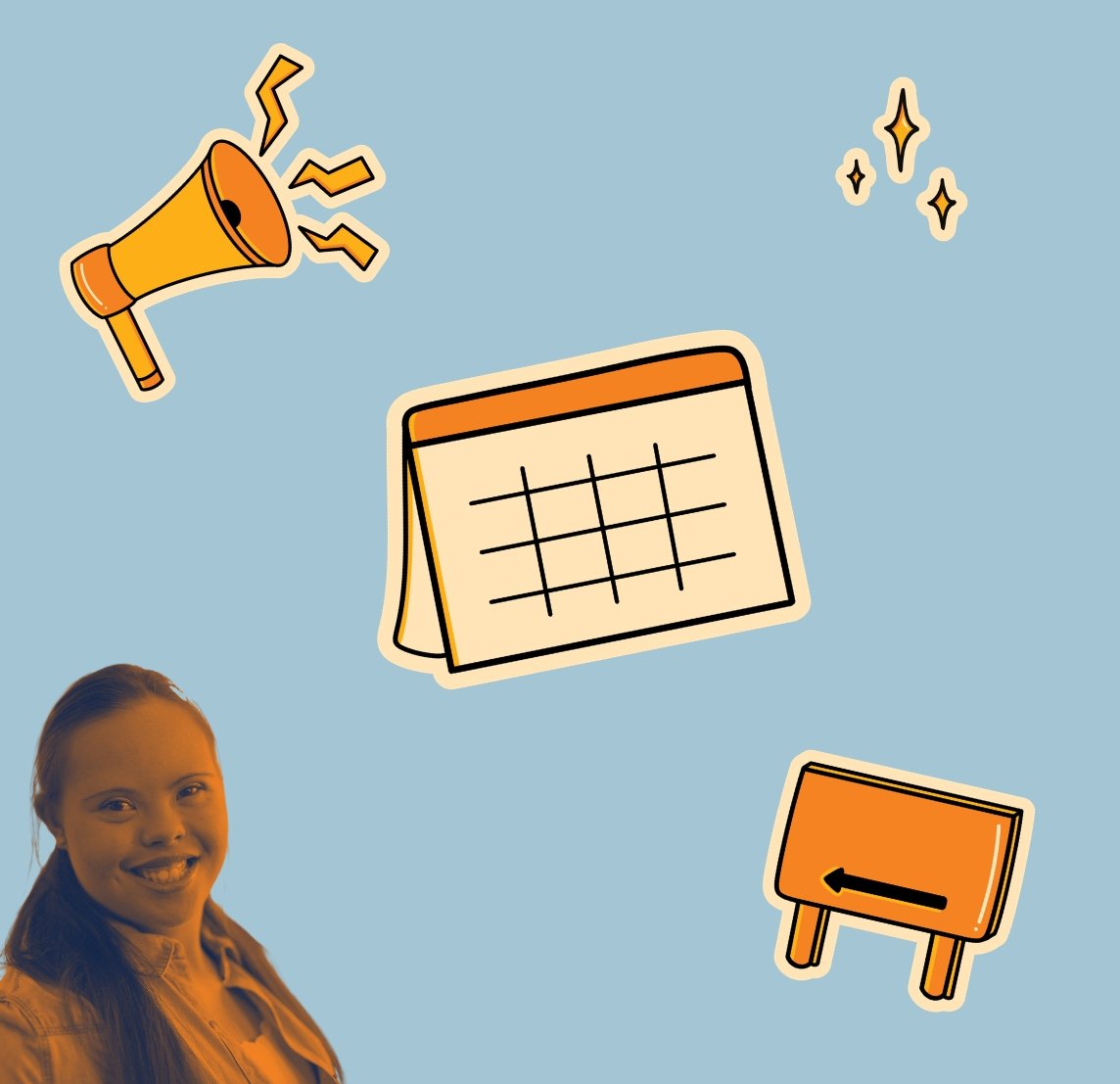Illustrated graphic on a light blue background showing a smiling woman beside icons of a megaphone, calendar and signboard, representing disability-focused events and announcements.