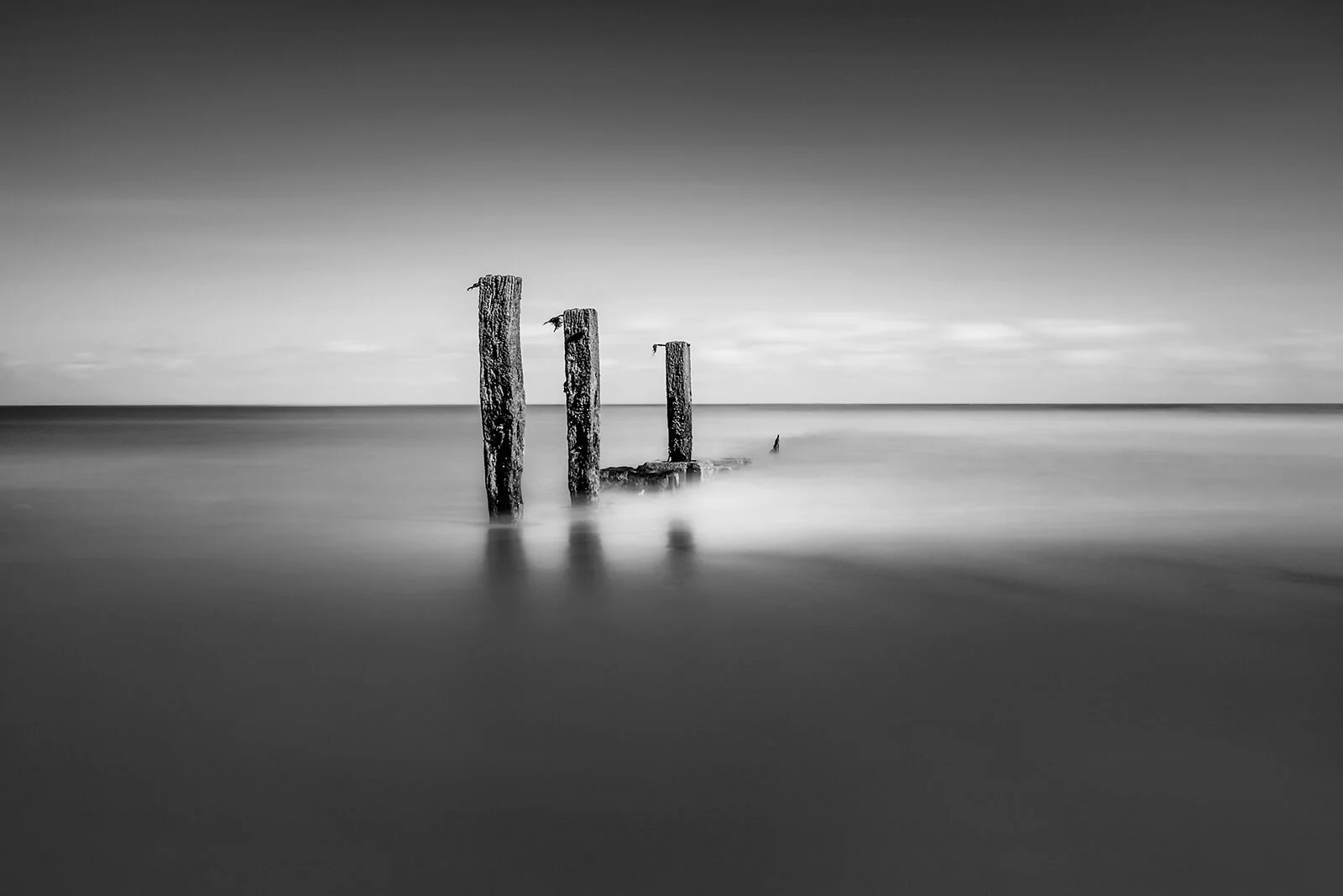 Tirage photo noir et blanc de trois poteaux de bois alignés dans l'eau. Design épuré pour décoration d'intérieur, paysage de mer minimaliste.