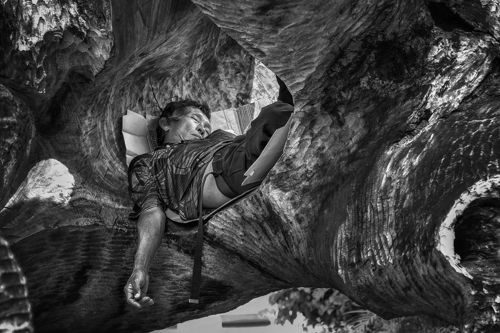 Photographie de rue à Penang : un homme s'est installé sur des cartons posés dans le creux d'un tronc d'arbre pour dormir. Photo Hugues Hardy.
